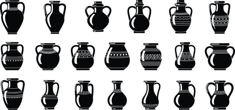 Ancient Ceramic Vase and Amphora Silhouette Collection Featuring Traditional Pottery Shapes, Decorative Patterns, Classical Containers, and Vintage Handmade Earthenware Designs