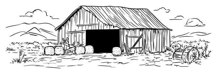 old wooden barn with hay bales farm sketch © Mago