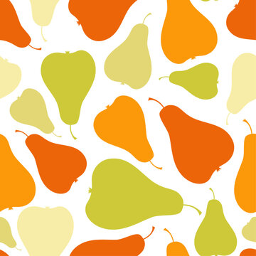 Seamless pattern for textiles and packaging, stitch pattern with multi-colored pears on a white background, ripe pears,bright pears on a white background