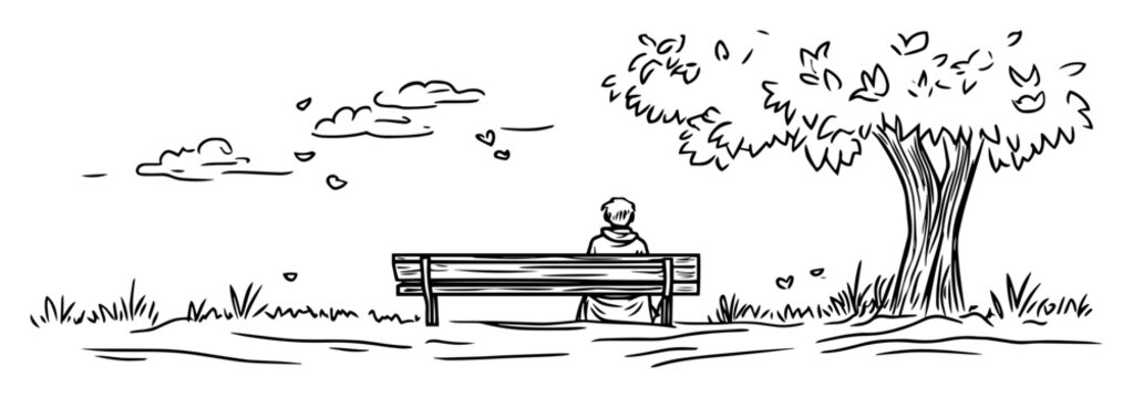 person sitting on park bench under tree sketch