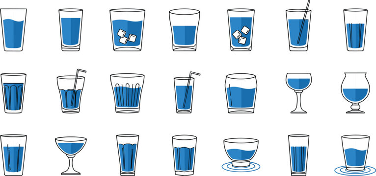 Drinking Glassware Vector Collection Featuring Water Glasses, Cocktail Cups, Whiskey Tumblers, Beverage Containers, and Modern Transparent Drinkware Illustrations
