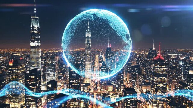 Digital globe overlaying city skyline representing global connections