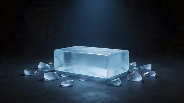 Ice block and shards on dark surface