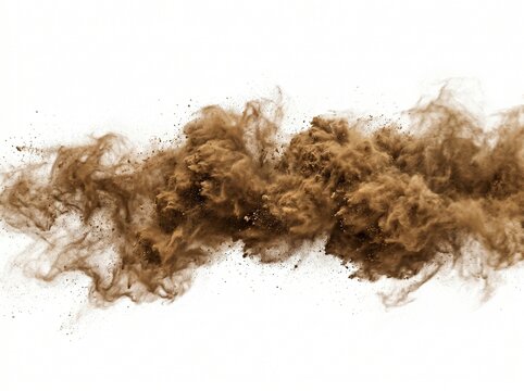 Dust sand soil smoke cloud particles isolated on transparent white background. Brown sandstorm smog sand dust explosion rising. Design elements for Compositing, covering, overlay, PNG 