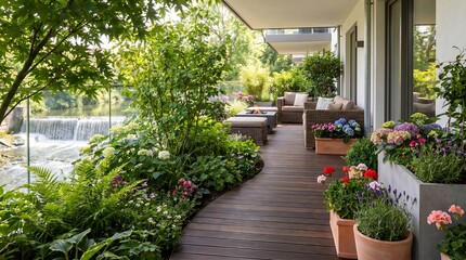 Fototapeta premium Luxurious modern apartment balcony garden with elegant outdoor furniture and scenic waterfall view, creating a serene urban oasis