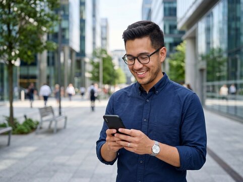 Happy young Hispanic business man manager using financial banking mobile apps on cell phone standing in city, professional businessman holding smartphone in hands looking at cellphone outdoor office.