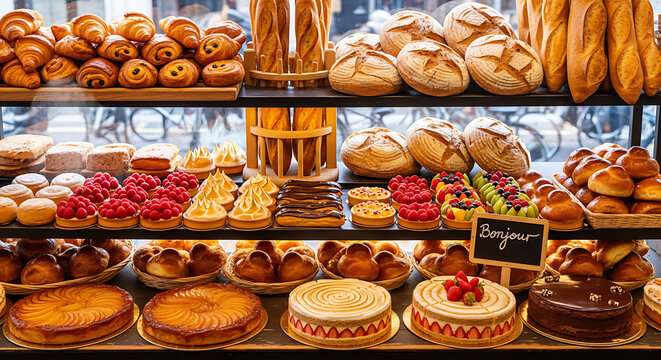A delightful display of freshly baked French pastries and breads in a charming bakery.