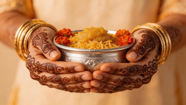 Hands holding bowl of rice with flowers
