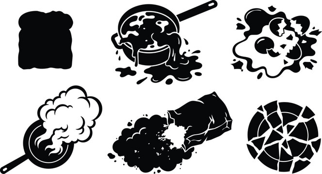 Six black silhouette icons of kitchen mishaps and broken objects in vector art