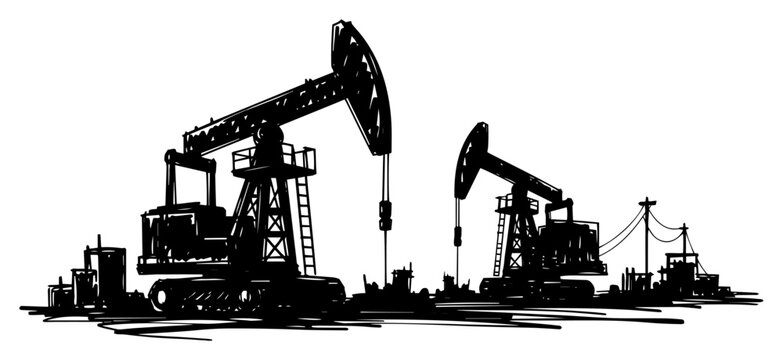 Oil pumpjacks in oilfield landscape &mdash; black and white industrial vector drawing