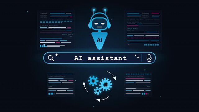 Motion graphics of AI assistant interface with typing text search bar and rotating gear icons