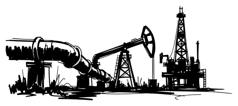 Oil Pipeline With Pumpjack And Drilling Rig Black And White Vector Illustration
