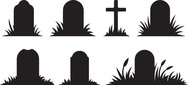 Set of black silhouette tombstones and a cross on white background for halloween or memorial themes