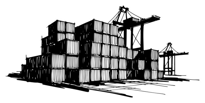 Shipping containers stacked at seaport with gantry cranes black and white vector illustration