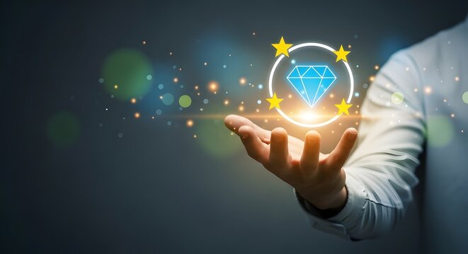 Hand presenting a glowing diamond icon with surrounding stars digital illustration