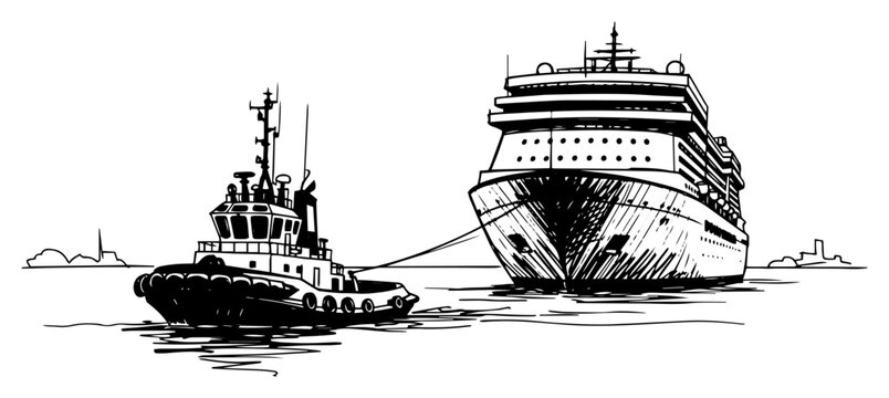 Tugboat Towing Large Cruise Ship In Harbor Black And White Vector Illustration