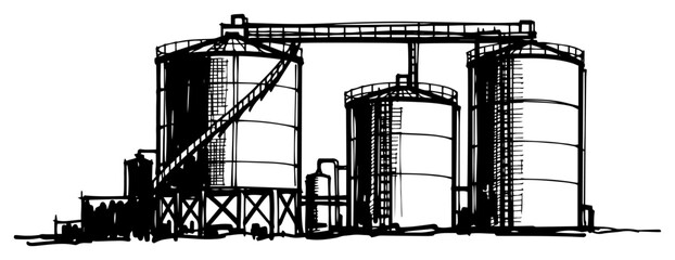 Industrial storage silos and tanks with catwalks — black and white factory vector drawing © Mago