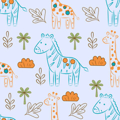 Obraz premium Doodle african animals seamless pattern for kids fabric and wallpaper, Hand drawn childish pattern with cute zebra, giraffe and tropical leaves
