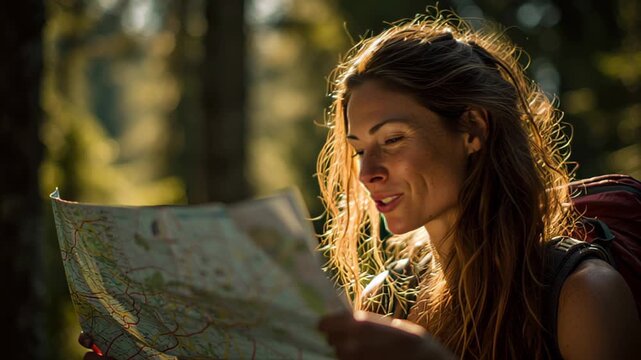 Close-up footage of a smiling young woman backpacker holding a paper map in a sunlit forest, planning her route during an outdoor hiking and travel adventure