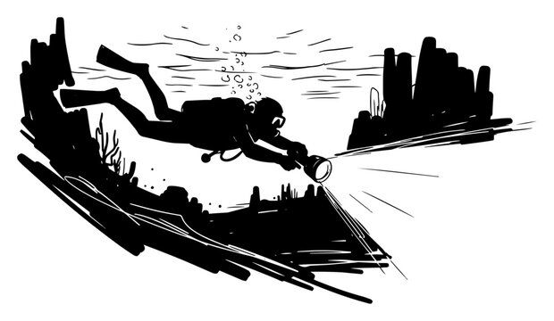 Scuba Diver Exploring Underwater Cave with Flashlight &ndash; Black and White Vector Illustration