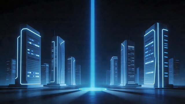 Futuristic cityscape with glowing buildings