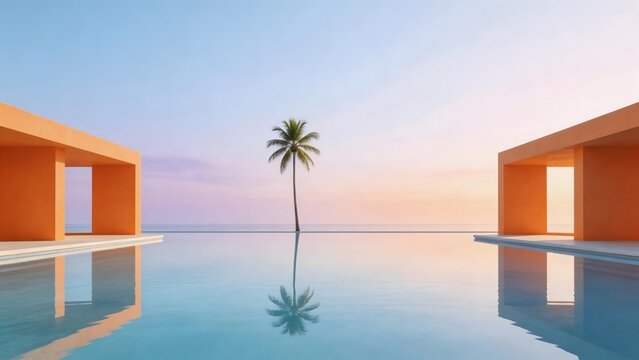 Palm tree by infinity pool at sunset