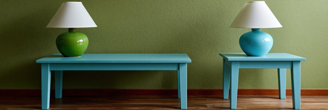 Paired ceramic table lamps on blue benches against green wall for interior styling background and furniture display banner