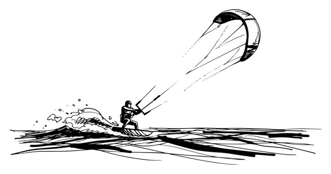 Kitesurfer riding a wave extreme water sport dynamic hand drawn vector sketch