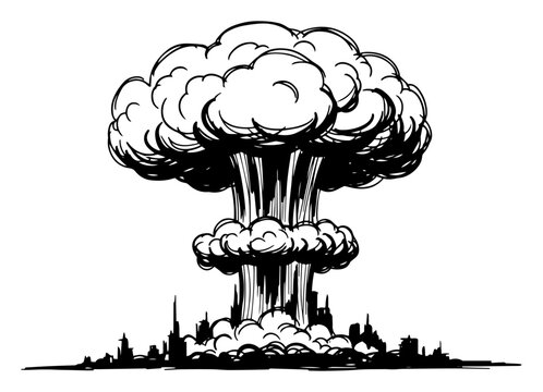 Nuclear bomb explosion with mushroom cloud over the city vector sketch illustration