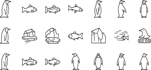Penguin and Fish Wildlife Icon Set Featuring Arctic Animals, Marine Creatures, Ice Elements, and Polar Nature Outline Illustrations for Environmental Designs © salsabil