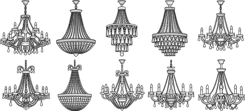 Luxury Crystal Chandelier Vector Collection Featuring Elegant Hanging Ceiling Lights, Vintage Decorative Lamps, Royal Interior Lighting, and Ornamental Home Decor Designs