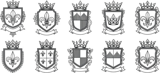 Royal Heraldic Shield and Crown Emblem Collection Featuring Fleur De Lis Symbols, Medieval Crests, Luxury Coat of Arms, and Vintage Monarchy Designs © salsabil