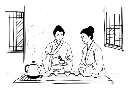 Traditional chinese tea ceremony with two women in hanfu vector sketch illustration
