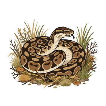 Ball Python coiled in dry grass and leaves, detailed illustration