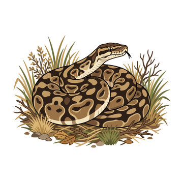 Ball Python Snake Coiled in Dry Grass and Twigs