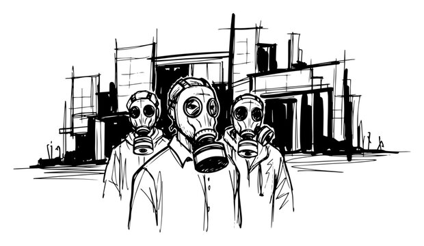 People in Gas Masks in a Post-Apocalyptic City - Vector Sketch