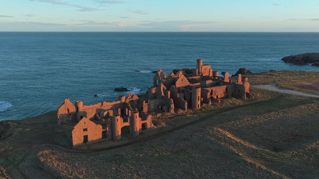 Aerial view of slains castle ruins at sunset