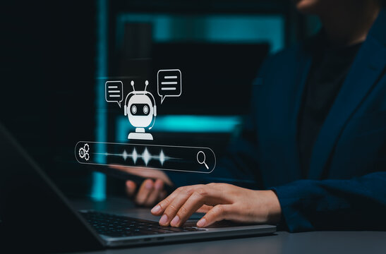 AI search engine technology and intelligent answer assistant concept with chatbot, voice search bar, natural language query, information synthesis, answer generation, web optimization, GEO, SEO, AEO