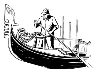 Gondolier in a Venetian Gondola - Hand Drawn Vector Illustration © Mago