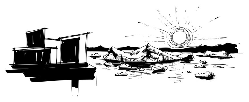 Modern architecture in an arctic landscape with icebergs hand drawn climate change concept sketch vector illustration