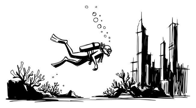 Surreal scene of a scuba diver exploring a coral reef with a sunken city vector sketch