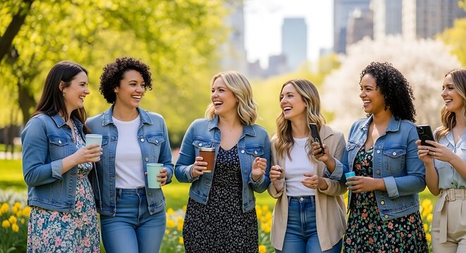 Diverse women friends laughing, outdoors, city park, casual fashion, smiling