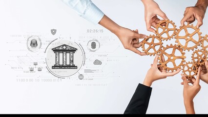 Obraz premium Hands coming together to assemble wooden gears symbolize teamwork and collaboration, set against a digital banking backdrop illustrating innovation and financial growth. Raster