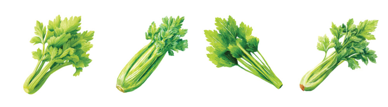 A Simple, beautiful design, fresh celery stalk set painting design. Hand-painted style, vectorized, vector set available in EPS Simple Hand-painted watercolor style.