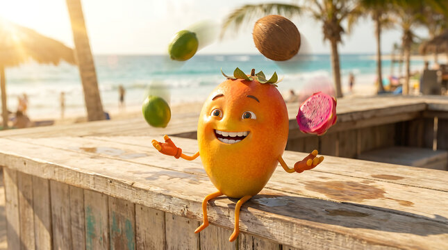 Cute cartoon mango character juggling tropical fruits including coconut lime and dragon fruit while sitting on a wooden beach bar counter on a sunny day 3D digital illustration