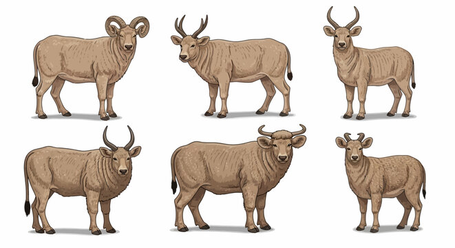 Brown kudu animals standing in different poses on white background, illustration set of wildlife mammals with horns and hooves, safari style