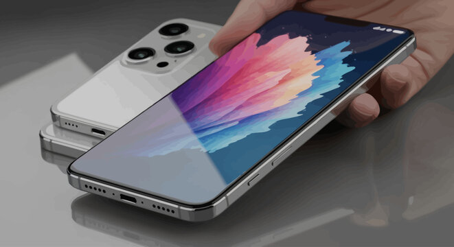 Closeup of hand holding modern smartphone with colorful screen and dual camera iPhone on reflective surface in bright lighting