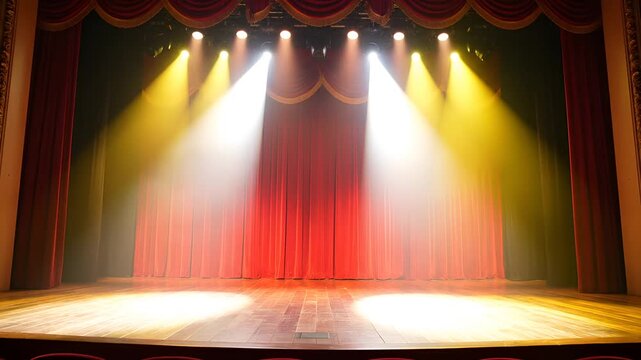 Empty Theater Stage with Dramatic Spotlights and Red Curtains.