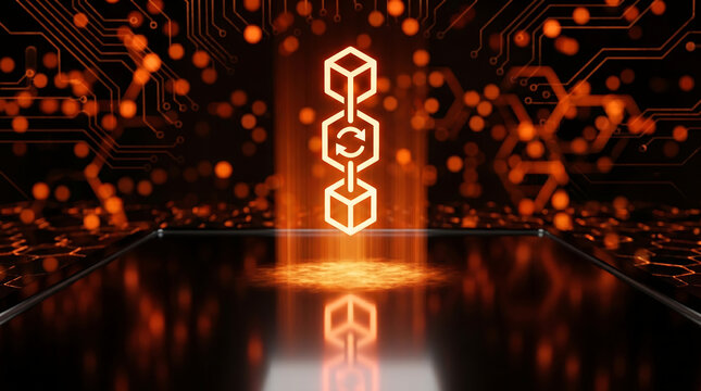 Glowing orange blockchain cube icon floating above a dark reflective surface with circuit board lines background representing network node data exchange technology