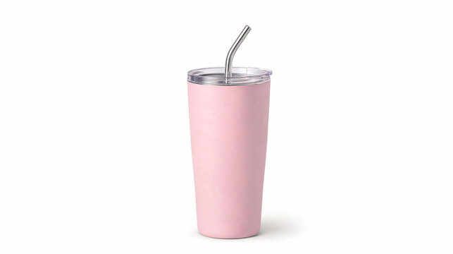 pink cup, isolated pastel travel mug, insulated stainless steel flask with straw, blank water bottle mockup, realistic reusable drinkware, minimal iced coffee thermos glass